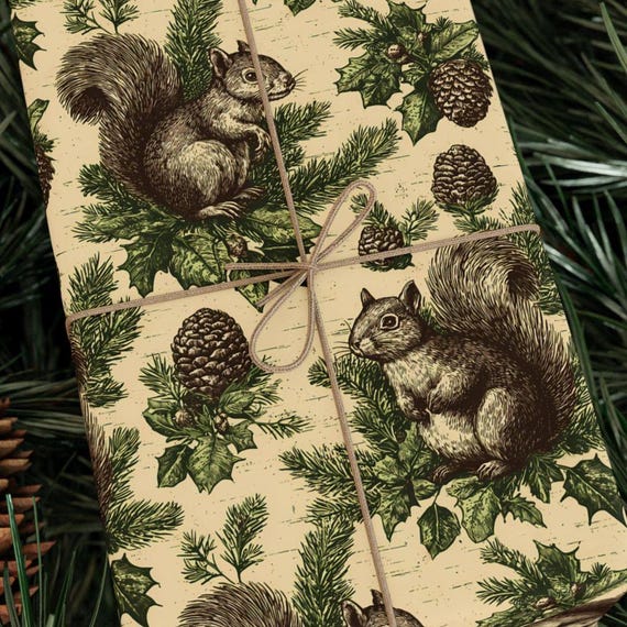 Nutcracker Squirrel Wrapping Paper Roll | Rustic Woodland Gift Wrap with Hand-Drawn Squirrels, Pinecones, and Holiday Greenery on Kraft