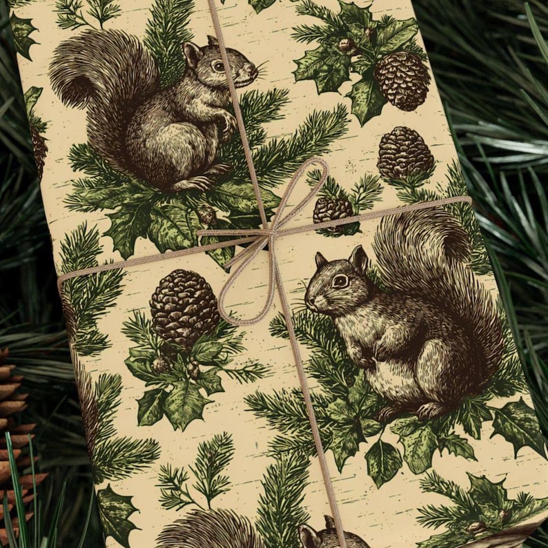 May include: Gift-wrapped parcel with a repeating pattern of squirrels, pinecones, and evergreen branches in brown and green on a cream background. Tied with twine.