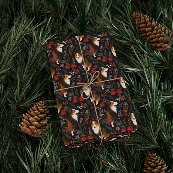 Adorable Sable Collie Christmas Wrapping Paper Roll Winter Floral Dog Art Gift Wrap with Red Berries Greenery Premium 90 GSM Paper