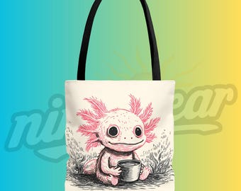 Axolotl Before Coffee Tote Bag Sleepy Amphibian Illustration Cute Weird Morning Mood Funny Animal Art Cozy Everyday Carry