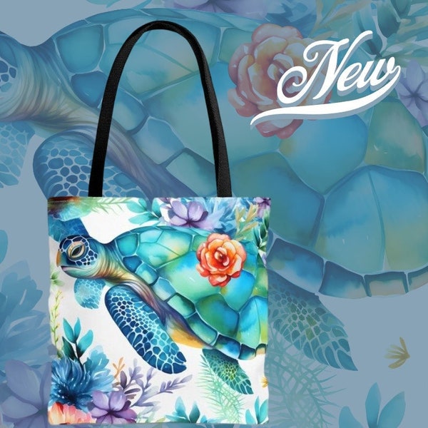 Rainbow Reef Rendezvous Tote Bag - Schattige zeeschildpad wervelt door een aquareltuin van bloemen - Verkrijgbaar in 3 maten