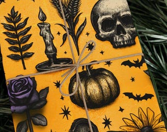 Ink Happens Vintage Halloween Tattoo Flash Wrapping Paper Roll Gothic Skull Rose Pumpkin Bat Gift Wrap Retro Art 90 GSM Paper