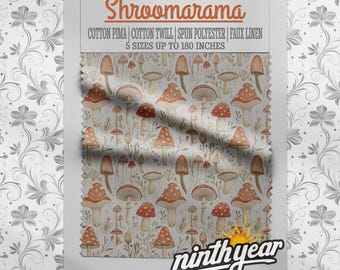 Shroomarama, Retro Mushroom Fabric, Cottagecore Woodland Pattern, Vintage Fungi Textiles by the Yard for Sewing Apparel and Home Decor