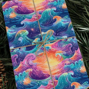 Wave After Wave Wrapping Paper Roll | Neon Cosmic Gift Wrap with Retro 80s Trapper Keeper Style Rainbow Waves and Galactic Surf Vibes