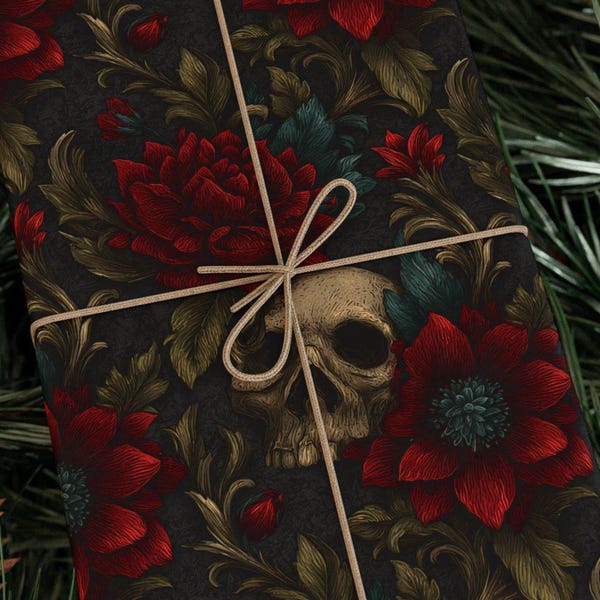 Gothic Floral Wrapping Paper Roll | Dark Red Flowers with Skulls and Baroque Foliage | Alternative Wrap for Weddings, Halloween, Christmas