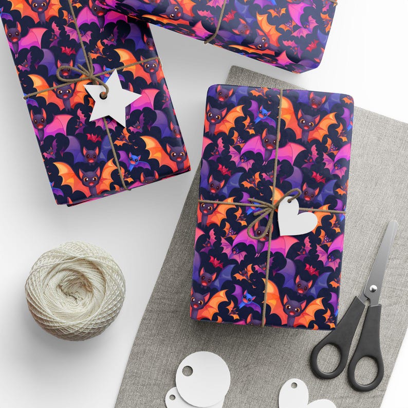 Bat to the Bone Cute Wrapping Paper | Colorful Cartoon Bats Gift Wrap for Halloween Lovers & Playful Spooky Gifts | Premium 90 GSM Paper image 3