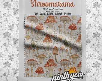 Shroomarama Cotton Fabric | Mushroom Print Fabric by Yard, Woodland Forest Sewing Material, Retro Cottagecore Quilting Cotton