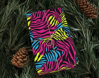 Wild Side Of The Eighties Neon Zebra Wrapping Paper Roll Retro Animal Print Gift Wrap Vaporwave Memphis Design Pattern 90 GSM Paper