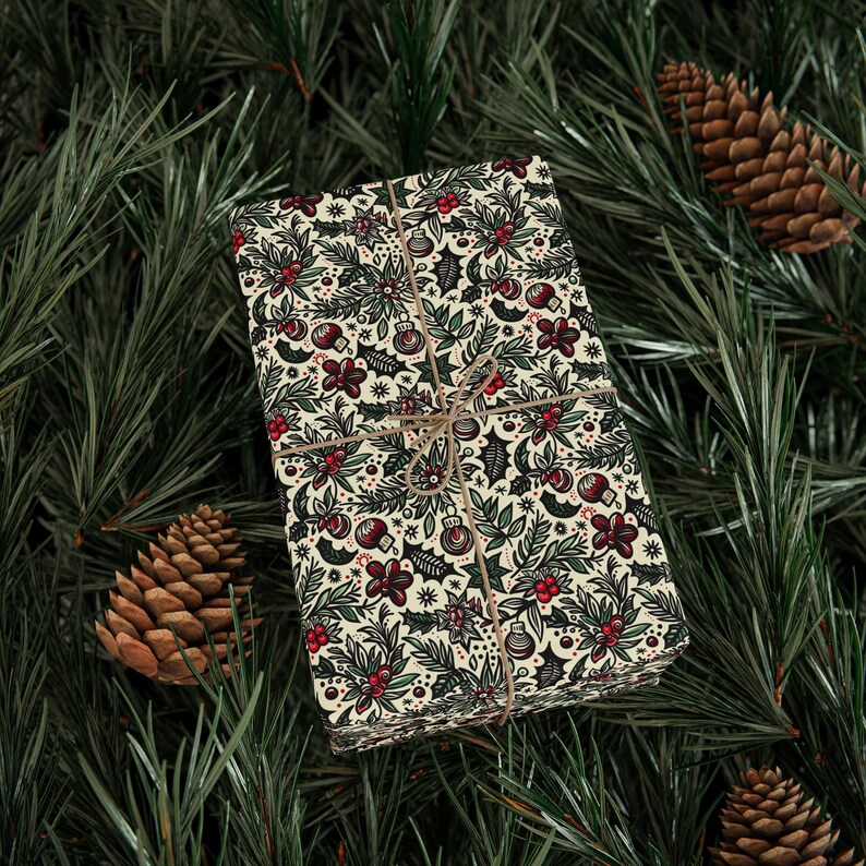 Vintage Holiday Tattoo Gift Wrap | Christmas Wrapping Paper with Retro Red & Green Design | Available in 3 Sizes | 90 GSM Fine Art Paper image 2