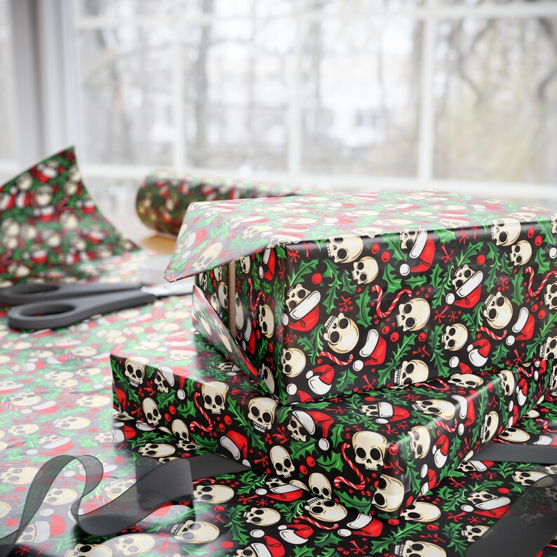 Cute Skulls Christmas Gift Wrapping Paper | Santa Hats & Holly | 90 GSM Fine Art Paper | Available in 3 Sizes | Unique Holiday Wrap image 5