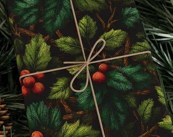 Rotolo di carta da regalo "Hex the Halls" / Carta da regalo natalizia a tema stregonesco con agrifoglio gotico, bacche rosse e pentagrammi nascosti.