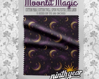 Moonlit Magic, Celestial Fabric by the Yard, Gold Crescent Moon Pattern, Witchy Purple Textile for Gothic Sewing Apparel and Home Decor