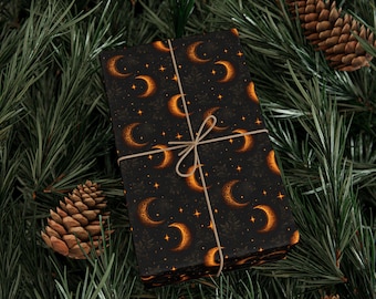 Moonstruck Nights Wrapping Paper Roll Witchy Lunar Gift Wrap with Gold Moons and Stars Dark Celestial Aesthetic | Premium 90 GSM Paper