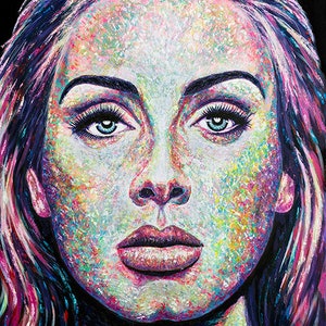 May include: A colourful portrait painting of a woman with long, wavy hair. The painting is done in a pointillist style, with small dots of colour creating the image. The woman's face is the focus of the painting, and her eyes are particularly striking. The painting is titled "Skin" in the bottom left corner.