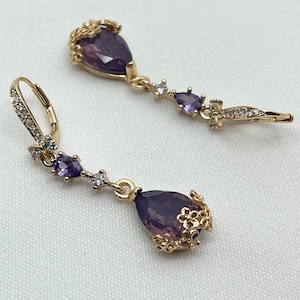 Purple Crystal Earrings Purple Teardrop Dangle Earrings Vintage Inspired Jewelry Bridal Jewelry Bridal Earrings Gift for Her Gift for Mom