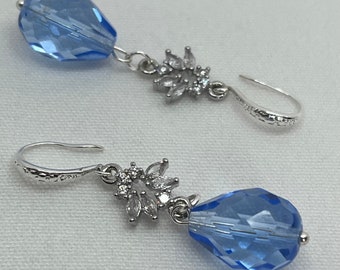 Blue Crystal Teardrop Earrings Faceted Glass Earrings Rhinestone Dangle Earrings Somthing Blue Bridal Jewelry Formal Earrings Gift For Her