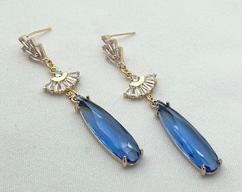 Blue Crystal Bridal Earrings Crystal Fan Earrings Blue Long Drop Earrings Something Blue Bridal Earrings Handmade Jewelry Art Deco Earrings