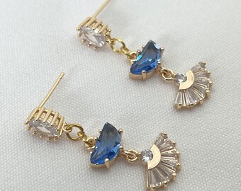 Crystal Fan Earrings Blue Geometric Stud Earrings Crystal Fan Dangle Earrings Glass Vintage Inspired Earrings Handmade Earrings Gift