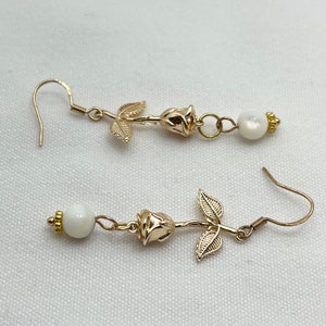 Rose Flower Earrings Gold Rose  Earrings Bead Flower Earrings Flower Dangle Earrings Rose Earrings Bridal Jewelry Gift for Her Gift for Mom