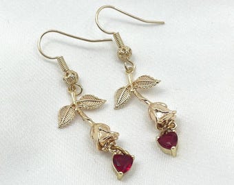 Heart Earrings Rose Flower Earrings Gold Rose Earrings Red Crystal Earrings Flower Dangle Earrings Rose Earrings Red Vintage Earrings Gift