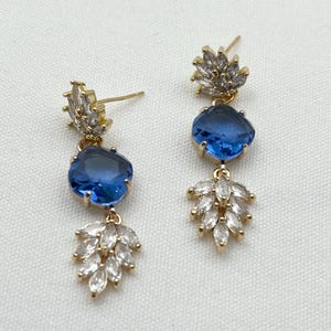 Blue Crystal Stud Earrings Bridal Crystal Flower Earrings Something  Blue Earrings Dangle Leaf Earrings Vintage Inspired Earrings Gift