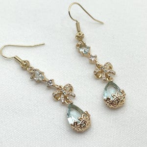Aqua Blue Glass Earrings Crystal Teardrop Bowtie Earrings Bridal Earrings Earrings Blue Prom Jewelry Vintage Inspired Earrings Gift for her