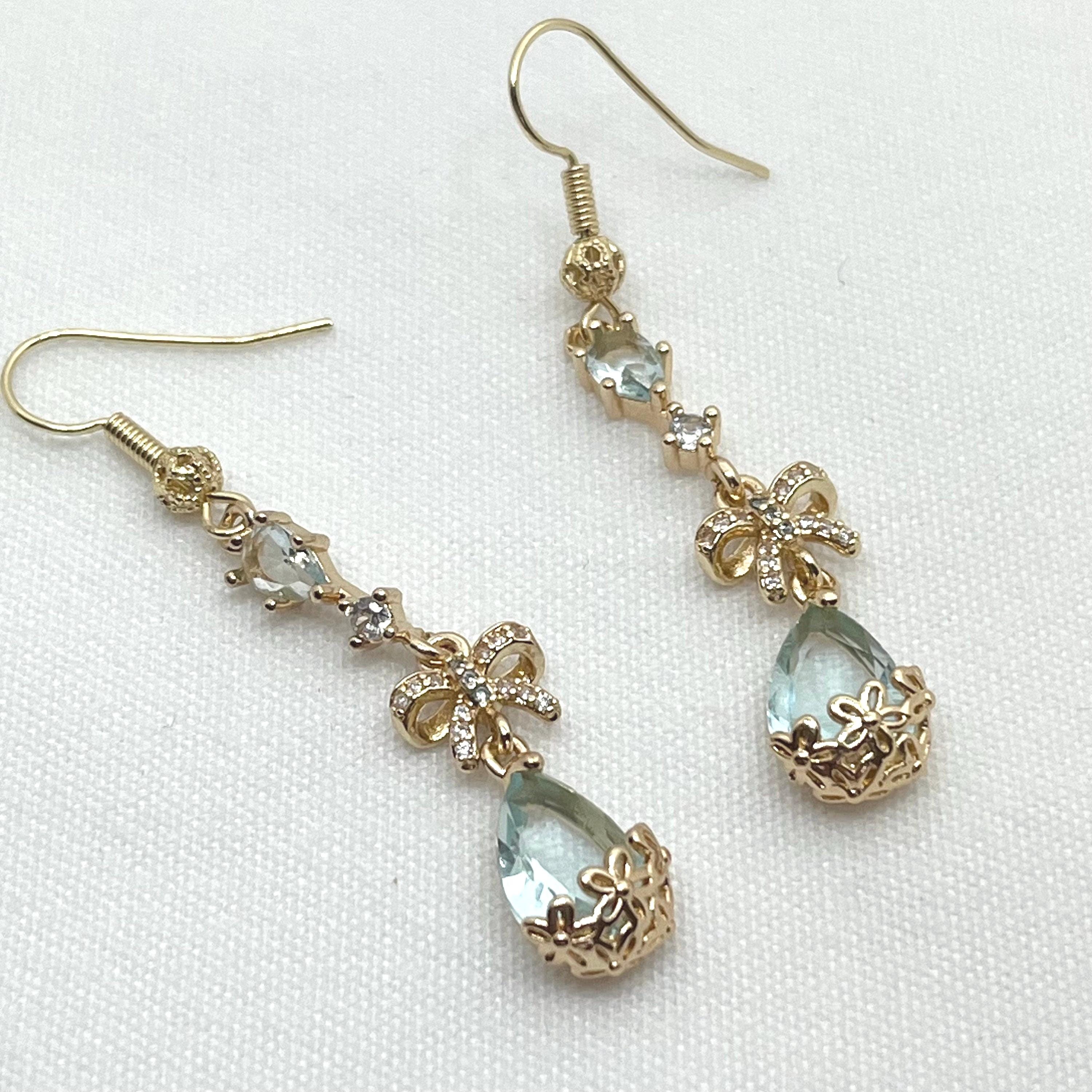 Aqua Blue Glass Earrings Crystal Teardrop Bowtie Earrings Bridal Earrings Earrings Blue Prom Jewelry Vintage Inspired Earrings Gift for her