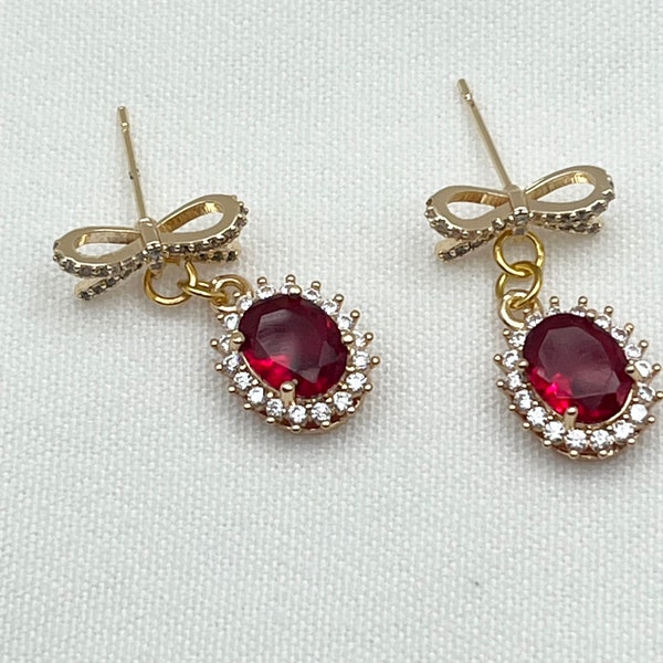 Ruby Red Crystal Stud Earrings Oval Bowtie Earrings Red Dangle Red Rhinestone Earrings Vintage Inspired Earrings Gift for Her Gift for Mom