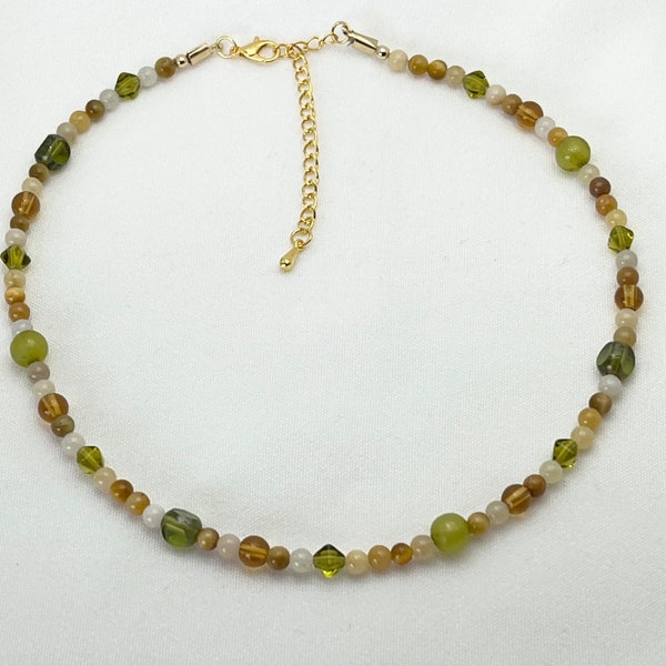 Green Brown Beaded Choker Necklace Earth Tone Beaded Necklace Random Beaded Choker Gemstone and Glass Beaded Necklace Short Beaded Necklace