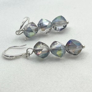 Silver Glass Bead Earrings Faceted Crystal Bead Earrings Iridescent Dangle Earrings Sparkly Earrings Handmade Earrings Minimalist Earrings