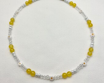 Flower Choker Necklace Yellow Beaded Necklace Multi Bead Necklace Summer Necklace Daisy Beaded Necklace Extender Choker Necklace Gift