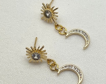 Sun and Moon Earrings Moon Dangle Earrings Stud Sun Earrings Gold Celestial Earrings Space Earrings Celestial Jewelry Handmade Earrings Gift