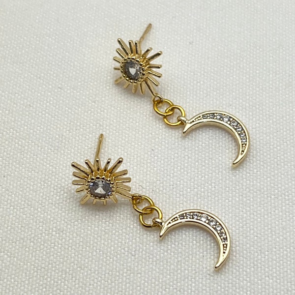 Sun and Moon Earrings Moon Dangle Earrings Stud Sun Earrings Gold Celestial Earrings Space Earrings Celestial Jewelry Handmade Earrings Gift