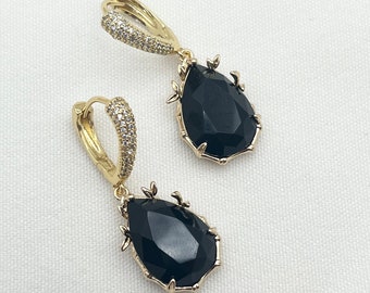 Black Teardrop Earrings Black Crystal Earrings Black Dangle Earrings Black Latch Back Earrings Statement Earrings Art Deco Style Earrings