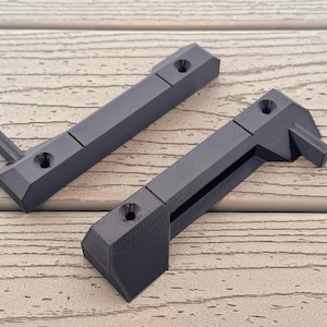 May include: Two black plastic 3D printed brackets with a textured surface. The brackets have a rectangular shape with a small tab on one end. The brackets are designed to be mounted to a wall or other surface.