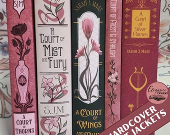 May include: A collection of hardcover dust jackets with floral and botanical designs. The spines feature titles like "A Court of Thorns and Roses" and "A Court of Mist and Fury." The color palette includes pink, burgundy, and green.