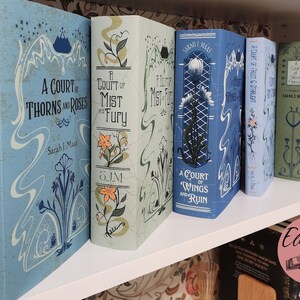 May include: A collection of fantasy novels with decorative covers. The books are in various shades of blue, green, and white, with floral and abstract designs. Titles include "A Court of Thorns and Roses" and "A Court of Mist and Fury."