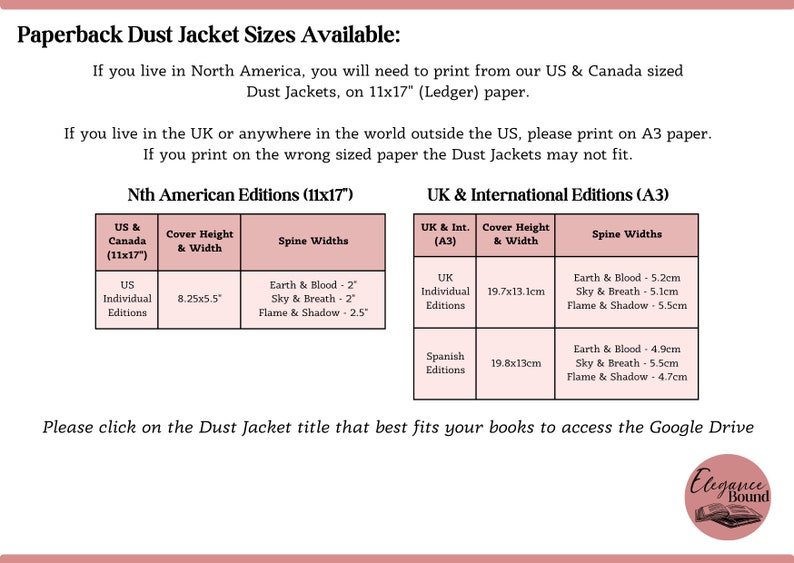 May include: Informational graphic detailing paperback dust jacket sizes. Includes measurements for North American and UK/International editions. The US & Canada editions are 8.25x5.5 inches, while UK editions are 19.7x13.1cm. The graphic also lists spine widths.