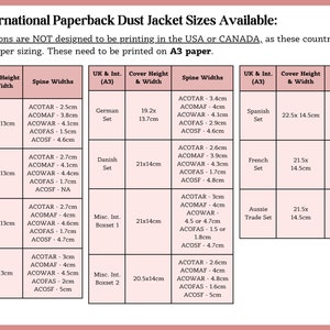 May include: A chart detailing UK and international paperback dust jacket sizes, including cover height, width, and spine widths. Measurements are in centimeters. Various sets are listed, such as UK Boxset, German Set, and French Set.