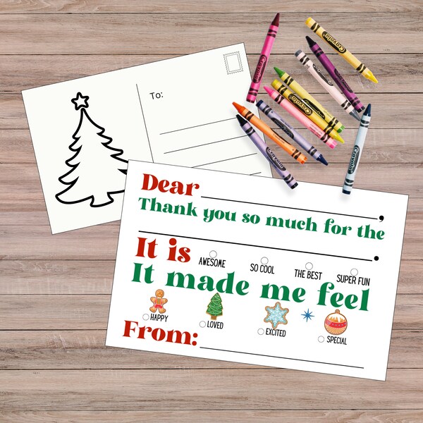 Kids Christmas Thank You Cards, INSTANT DOWNLOAD, Printable Fill in the Blank Thank you Note, PRINTABLE Gratitude Children's Note