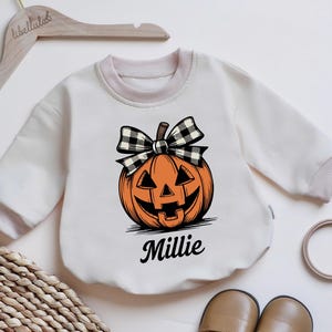 Custom Halloween Jack O’ Lantern Baby Romper Short Sleeves, Fall Pumpkin Baby Bodysuit, Checkered Halloween Romper, Girly Halloween