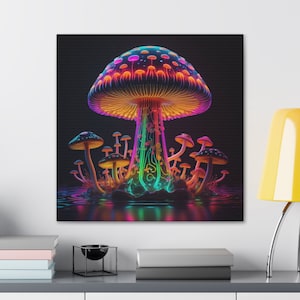 Neon Mushrooms, Psychedelic Wall Art, Mushroom Wall Art, Trippy Mushrooms, Psychedelic Mushroom, Mushroom Decor, Mushroom Home Decor