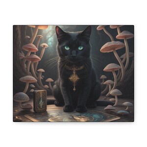 Black Cat Wall Art,  Tarot Wall Art, Halloween Witch Decor, Magic Mushroom Art, Cat Lover Gift, Mystical Cat Art, Halloween Wall Art