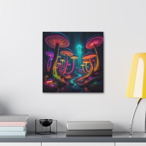 Mushroom Forest Art, Trippy Mushrooms, Neon Magic Mushrooms, Magic Mushrooms, Fungi Art, Psychedelic Wall Art, Full Moon Art