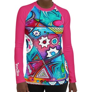 Camisa de ciclismo feminina de manga comprida - Pink Doodle Gears, design original de camisa de ciclismo PoP Art para ela - Camisa de ciclismo feminina colorida