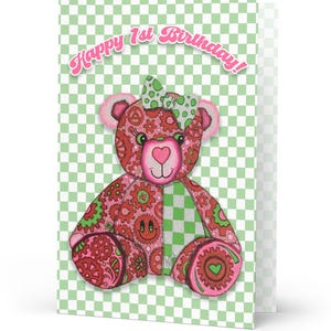Ours en peluche 1er anniversaire GEAR BEAR de Geartopia carte de voeux, carte d'anniversaire de bébé super mignonne pour petites filles, cadeau d'anniversaire carte de voeux
