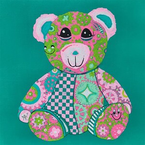 Arte infantil para guardería, cuadro original de Geartopia con un osito de peluche y engranajes, decoración infantil para guardería, arte de pared infantil con engranajes rosas para niñas.