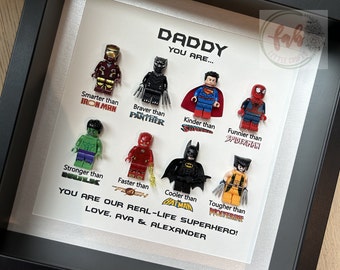 Superhero minifigure frame, Christmas gift for dad, Custom Father's day gift, Gift for comic book fans, Superhero gift for him