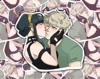 May include: A sticker featuring an anime-style illustration of a couple kissing. The woman has black hair and a black dress, while the man has light hair and a green shirt. The sticker has a white border and is surrounded by similar stickers.