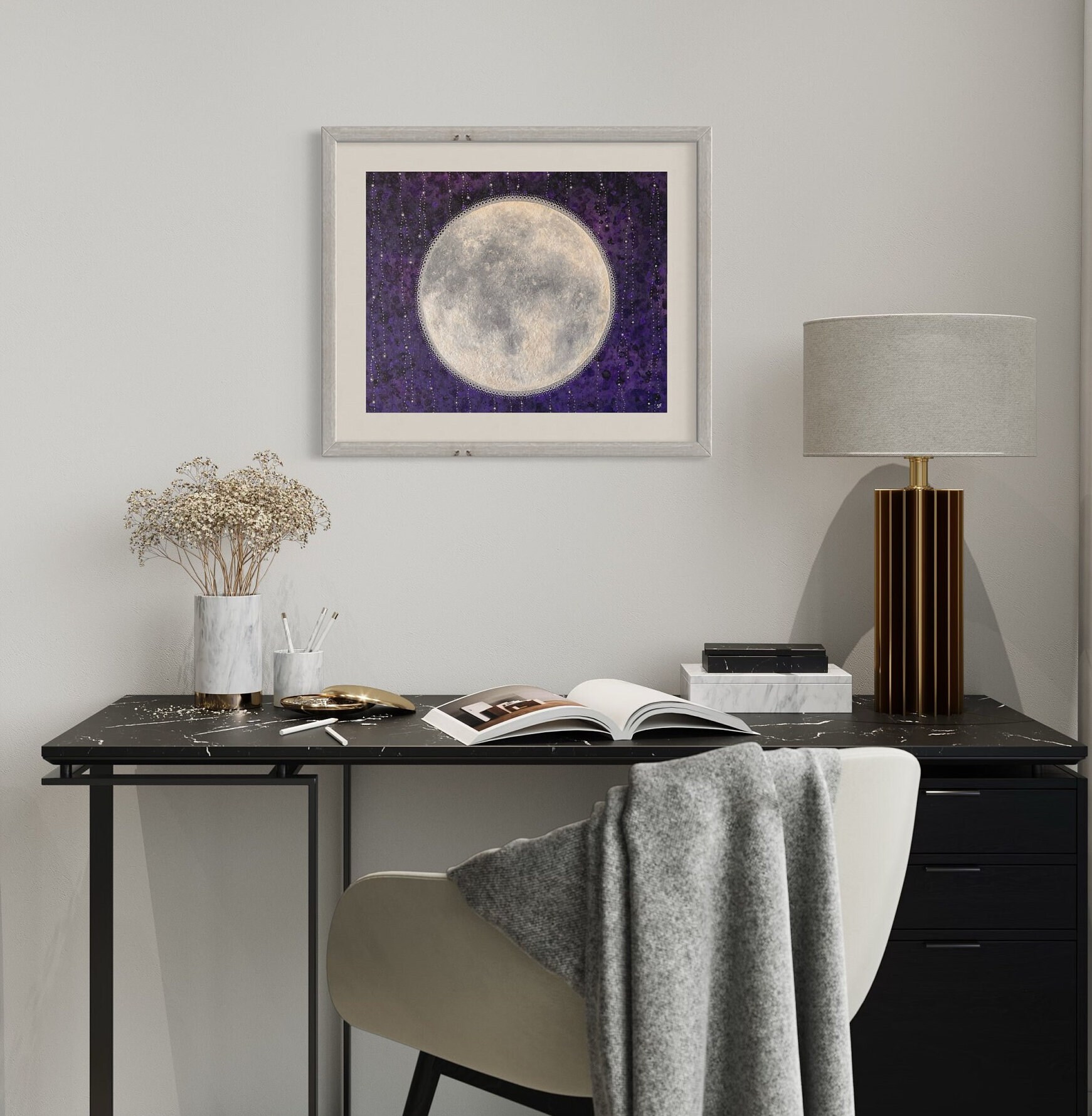 Moon and Stars Print Night Sky Wall Art, Celestial Art Print, Full Moon ...